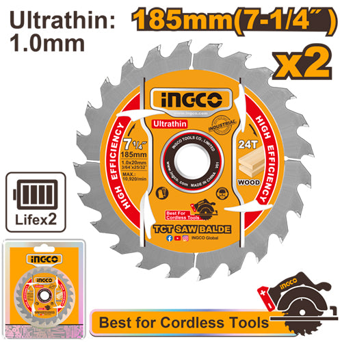 طقم طارة قص خشب 2 قطعة 7.1/4" T24 - 185 ملم، كفاءة عالية لمنشار مع حماية مزدوجة من INGCO