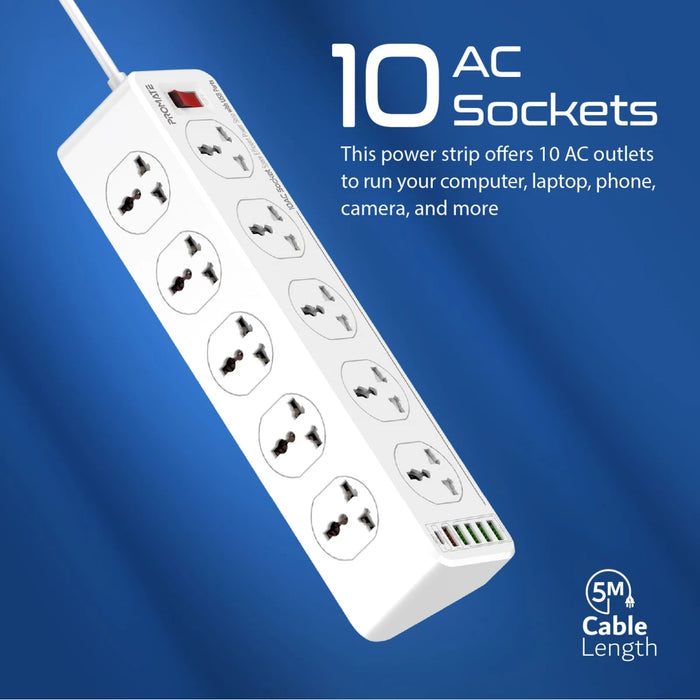 وصلة كهرباء 10 مخارج AC مع 4 منافذ USB وشحن 20W وكابل 5 متر من PROMATE