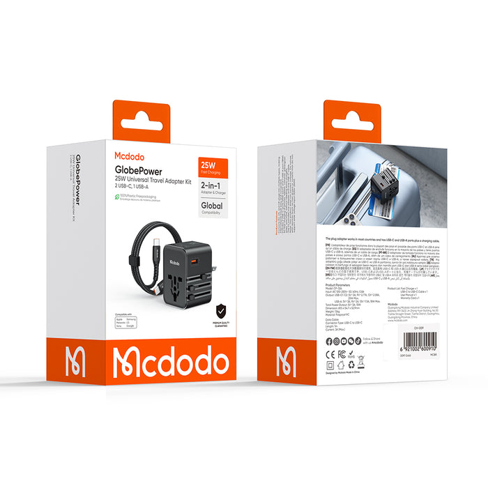 محول سفر عالمي 25 واط 2C+1A مع كابل C إلى C 60 واط لتسهيل الشحن الدولي من Mcdodo