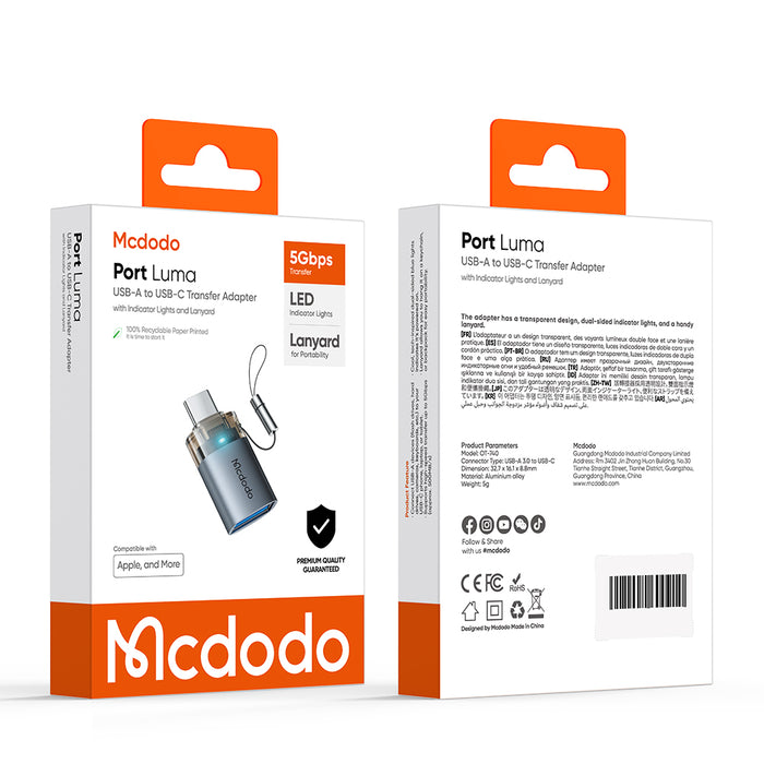 محول نقل USB-A 3.0 إلى USB-C مع أضواء مؤشر ونقل بيانات بسرعة 5Gbps من Mcdodo