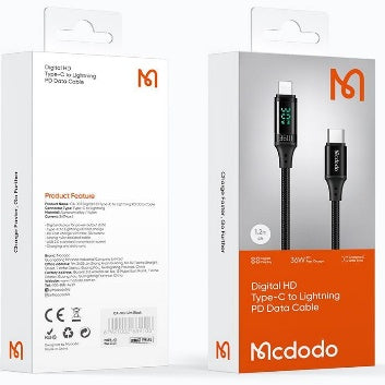 كابل نوع-C إلى نوع-C بشاشة رقمية 100 وات، يدعم شحن سريع وتزامن بيانات سريع. من Mcdodo