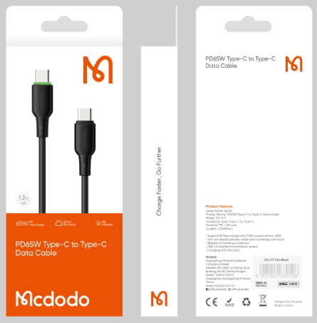 كابل Type-C إلى Type-C بقدرة 65 واط وطول 1.2 متر مع ضوء LED من Mcdodo