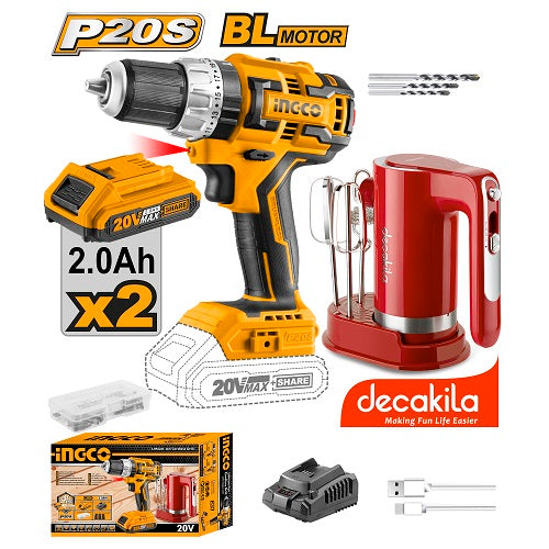 طقم درل 13 ملم 20 فولت BRUSHLESS من إنكو مع ملحقات وسهولة تخزين من INGCO