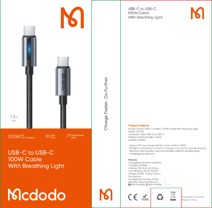 كابل USB-C إلى USB-C بقوة 100 واط، يدعم الشحن السريع مع ضوء يتنفس بطول 1.2م من Mcdodo
