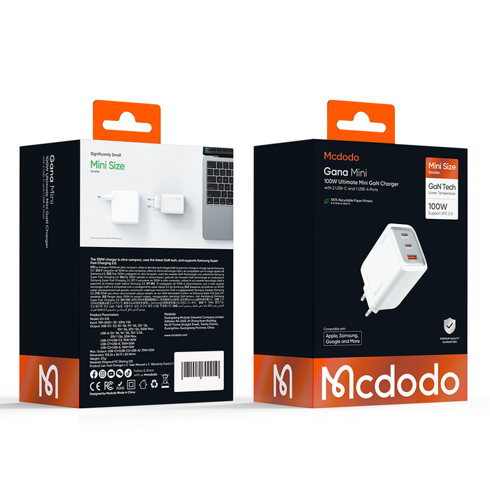 شاحن سريع صغير 100 واط 2C1A (أوروبا) مع تصميم محمول وموصلات متعددة من Mcdodo