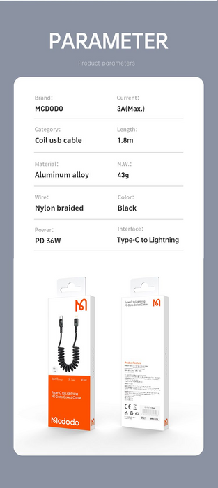 كابل بيانات 36 واط من Type-C إلى Lightning بطول 1.8 متر، شحن سريع ومتانة عالية. من Mcdodo