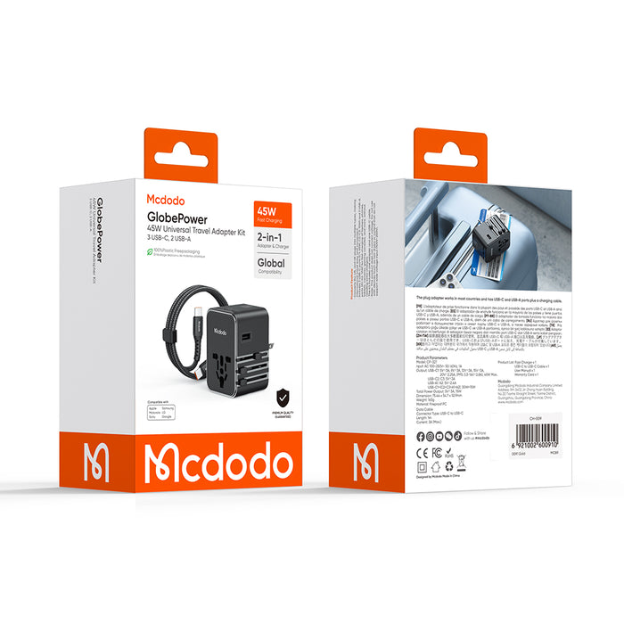 محول سفر عالمي 45 واط 3C+1A مع كابل C إلى C، شحن سريع وآمن للأجهزة من Mcdodo