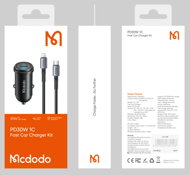 شاحن سيارة سريع 30 واط 1C PD وكابل C إلى L 36 واط بطول 1.2م، شحن سريع تقنيات متقدمة. من Mcdodo