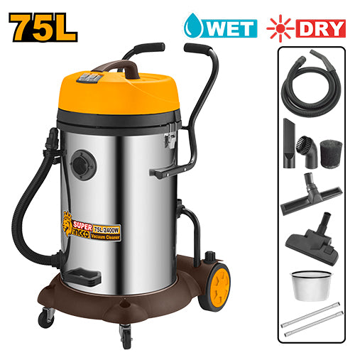 مكنسة برميل ستانلس 1200 * 2 واط 75 لتر لتنظيف رطب وجاف بجهد 220V-240V من INGCO