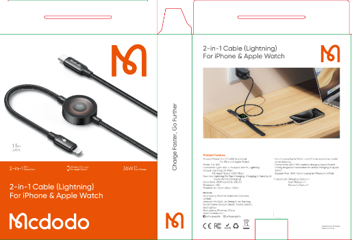 شاحن لاسلكي 2 في 1 36 واط USB-C إلى Lightning مع كابل لأبل ووتش 1.5 متر من Mcdodo