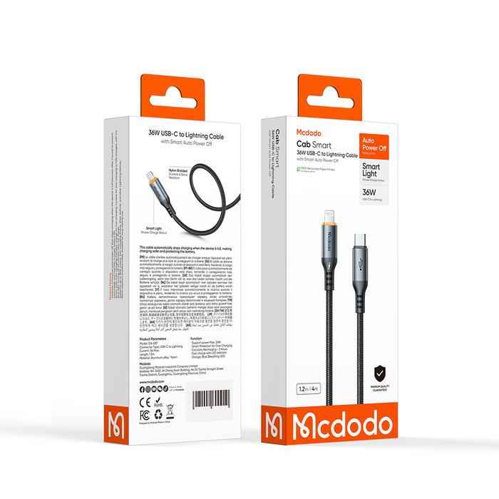 كابل USB-C إلى Lightning 36 واط مع إيقاف تشغيل تلقائي ومؤشر LED 1.2 متر من Mcdodo