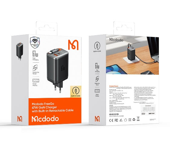 شاحن Mcdodo GaN بشاشة رقمية 67W 1C+1A وكابل USB-C قابل للسحب 65 سم من Mcdodo