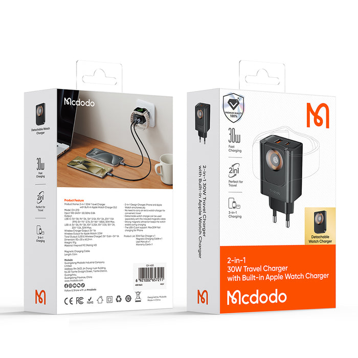 شاحن سفر 30W 2 في 1 مع شاحن مدمج لساعات أبل يشحن آيفون والساعة معاً من Mcdodo