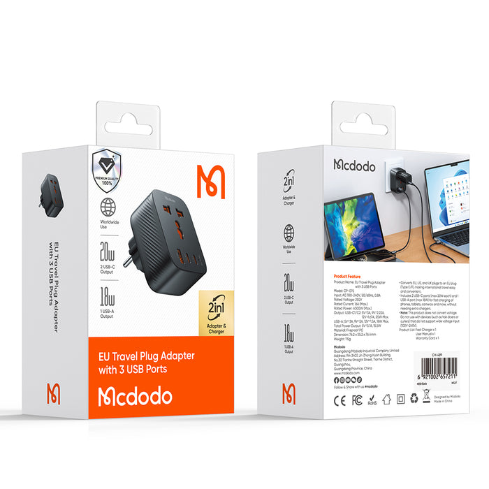 محول سفر عالمي 20 واط 2C+1A، 3 منافذ USB، مقاوم للحريق، للسفر بأمان من Mcdodo