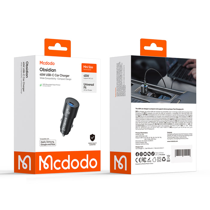 شاحن سيارة سريع 45 واط 1C مع مخرج USB-C وأداء عالي في تصميم مدمج من Mcdodo