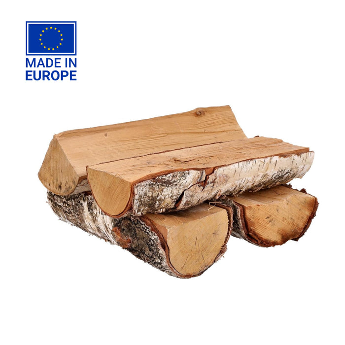 حطب بتولا أوروبي طبيعي احتراق نظيف وطويل، كيس 8–10 كغم للمدافئ والتخييم