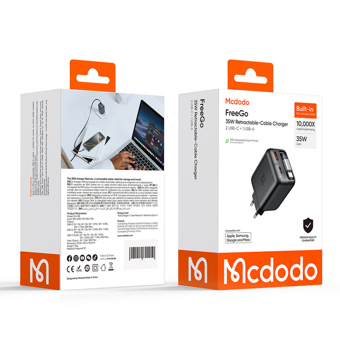 شاحن GaN 35 واط 1C+1A مع كابل USB-C قابل للسحب من Mcdodo، مثالي للسفر