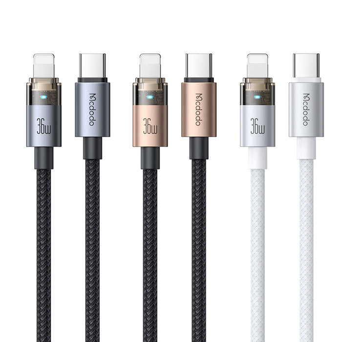 كابل USB-C إلى Lightning شفاف 36 واط بطول 1.2م للشحن السريع مع إضاءة مؤشر من Mcdodo