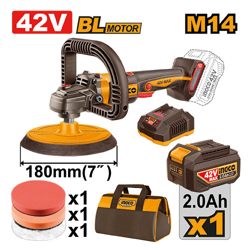 صاروخ بولش شحن 42 فولت بدون فحمات مع بطارية 2 أمبير وسرعة متغيرة 400-2500RPM من INGCO
