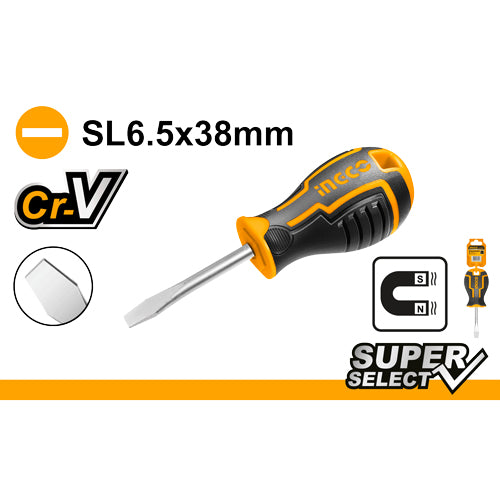 مفك قزم من INGCO بحجم SL6.5*38 مم مع حامل بلاستيكي وجودة عالية