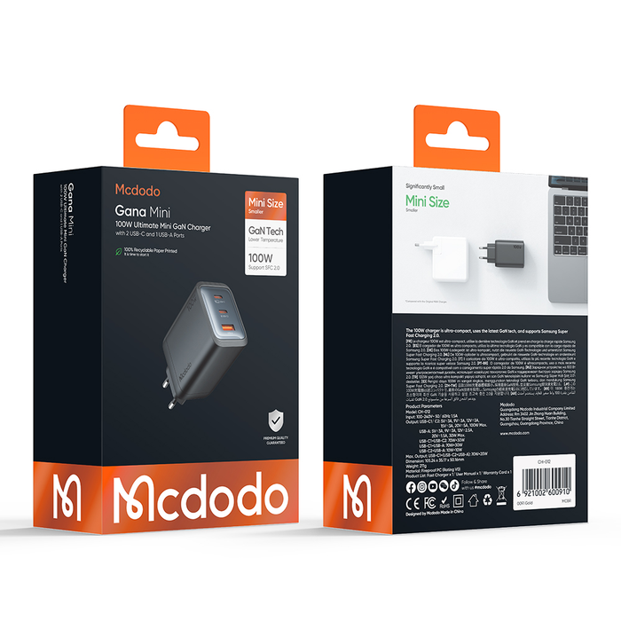 شاحن سريع ميني 100 واط 2C1A (EU) مع مخرجات متعددة وسرعات شحن مختلفة من Mcdodo