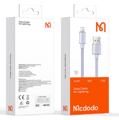كابل شفاف Lightning 1.2م قوي ومحبوك يدعم تيار 3 أمبير لأجهزة آيفون وآيباد برو من Mcdodo