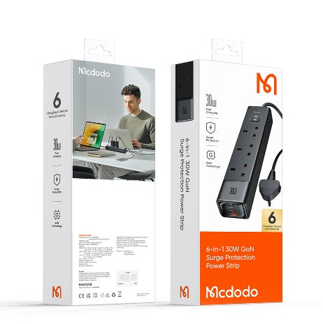 موزع طاقة حماية من الطفرة 30 واط 6 في 1 مع 2 منفذ USB-C وسرعة شحن 33 واط من Mcdodo