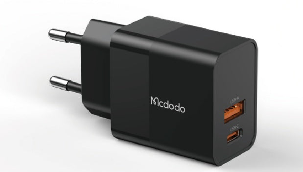 شاحن سريع 20 واط 1C+1A (أوروبا) بخاصية مقاومة للحريق ومدخلات عالمية من Mcdodo