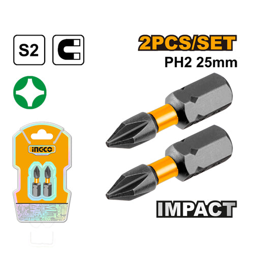 طقم روسية مفك 2 قطعة IMPACT صناعي 25 ملم PH2 بفولاذ S2 مغناطيسي من INGCO