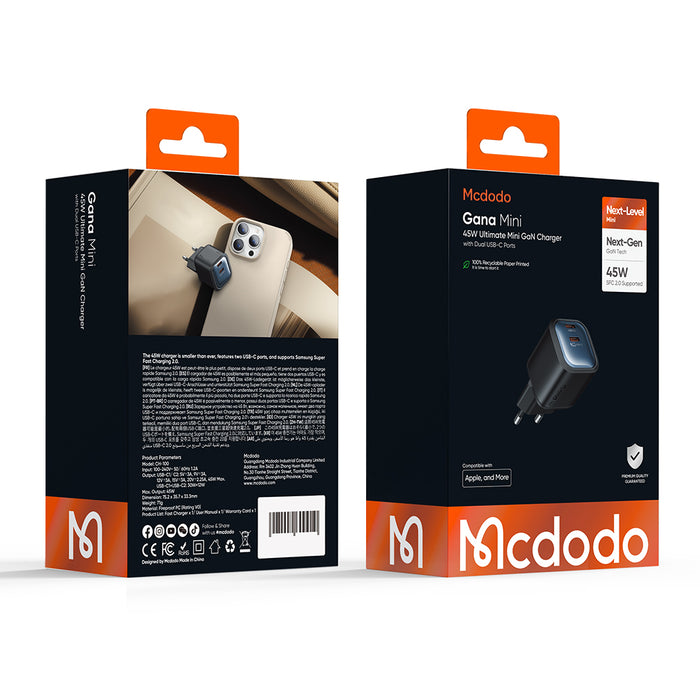 شاحن 45W من Mcdodo GAN ميني (EU) شحن سريع مدمج بتصميم صغير ومقاوم للحريق