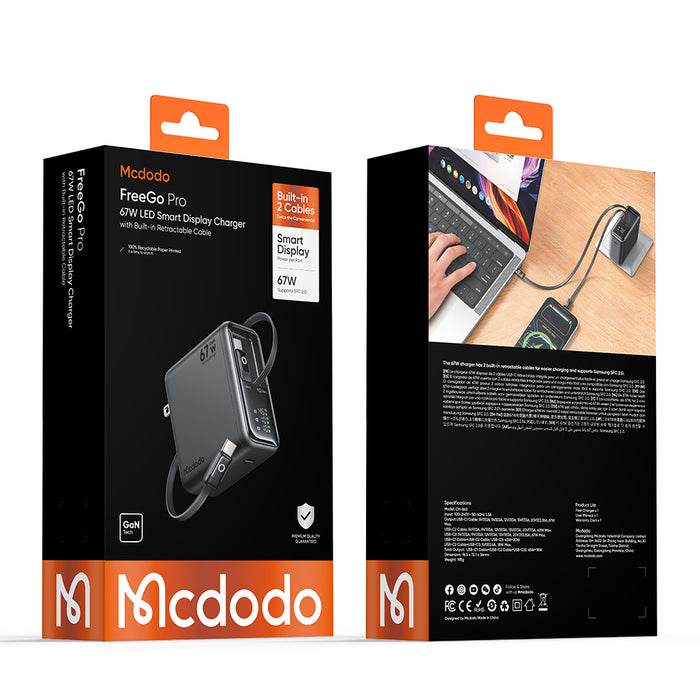 شاحن GaN 67 واط A+C من Mcdodo مع عرض رقمي وكابل USB-C مزدوج قابل للسحب
