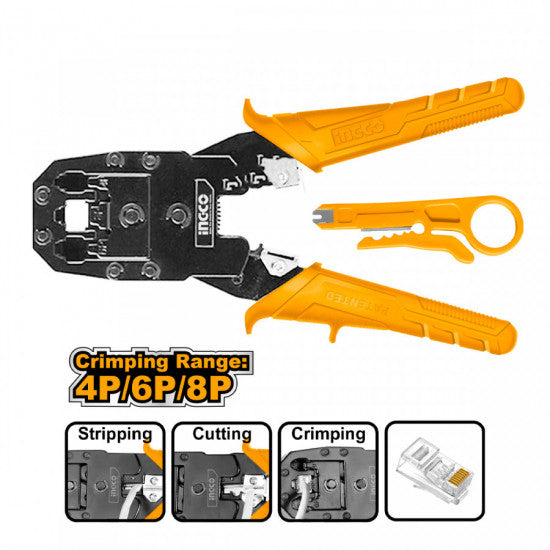 مكبس راسيات RJ45 انكو 8 إنش 4P 6P 8P بتصميم مريح ثلاث وظائف كبس وتجريب وقطع من INGCO