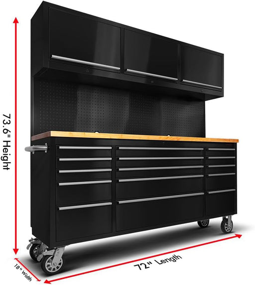 Copper Tailor 72-inch Tool Chest Cabinet Mobile Garage Workbench with 15 Storage Drawers and Wheels, 3 Upper Cabinet, Pegboard, Stainless Steel, Matte Black Bashiti Hardware