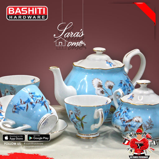 Blue Tea Set 18 PC with desert holder Bashiti Hardware